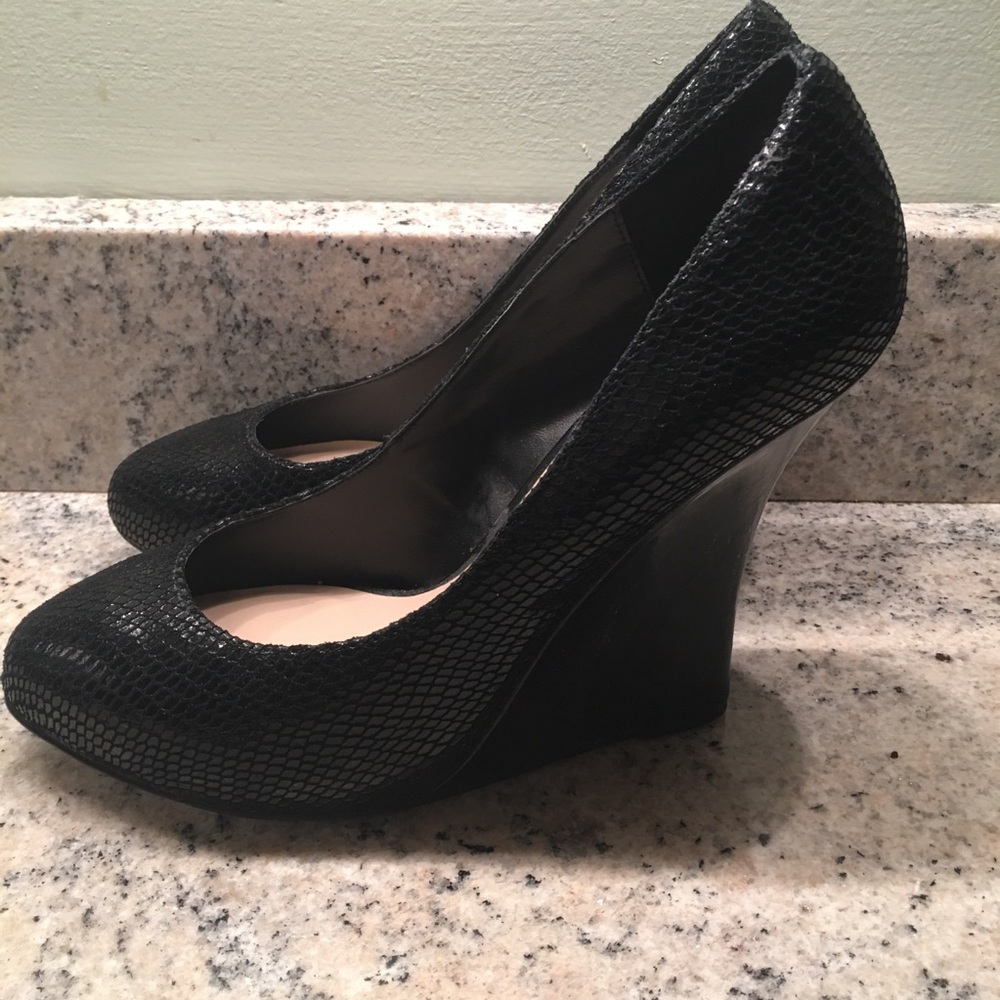 H by Halston black snakeskin wedge